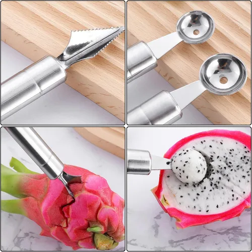 Vista 4 de Herramientas de tallado de frutas, cuchillo para tallar frutas, paquete de 3, herramientas de tallado de verduras de acero inoxidable, cuchara