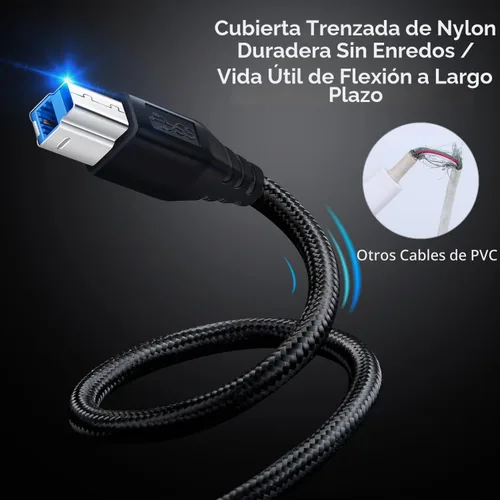 Vista 4 de OKRAY Cable USB 3.0 A a B, paquete de 2 cables de nailon trenzado tipo A macho a B macho de 6 pies para concentrador USB/controladores duros