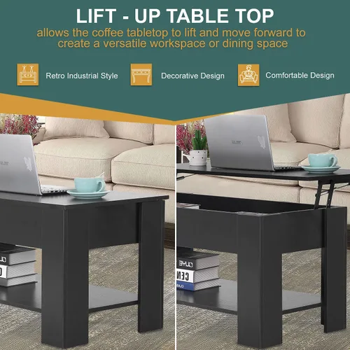 Vista 5 de PayLessHere Mesa de Centro con Tapa Elevable Mesas de Centro con Compartimento Oculto y Estante de Almacenamiento Tablero de Madera Elevable Mesa
