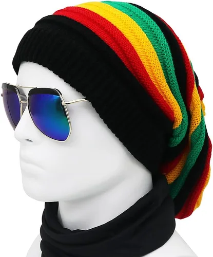 Vista 2 de Gorra unisex de Jamaica Reggae Rasta Slinky Beanie Multicolor a rayas Slouchy Baggie Beanie Skullies Gorro Rasta Hat, Negro