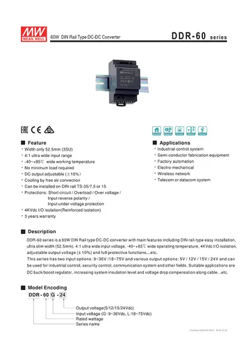 Vista 5 de Original MEAN WELL DDR 60W Riel DIN DC-DC Convertidor Entrada 18-75V DC a 24V DC 2.5A 60W meanwell Fuente de alimentación Transformador convertidor