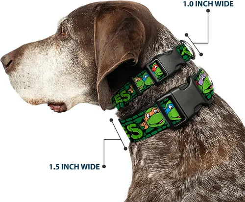 Vista 2 de Buckle-Down Classic Tmnt Group Faces/Turtles Turtle Shell Cuello de clip de plástico negro/verde, pequeño/9-15", 1" de ancho - Se adapta a cuello