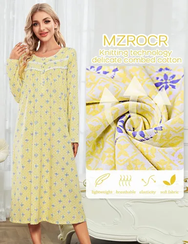Vista 2 de MZROCR Camisones de algodón para mujer, vestidos de noche de manga larga, ropa de dormir suave para mujer