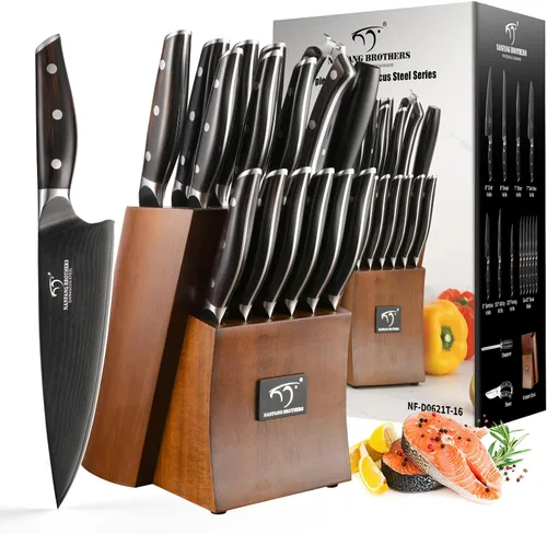 Vista 10 de NANFANG BROTHERS - Juego de cuchillos de damasco de 7 piezas con bloque, mango de madera de ébano Damasco negro titanio chapado