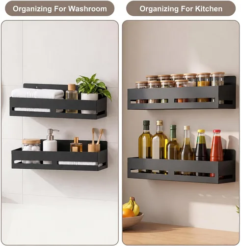 Vista 6 de Paquete de 2 estantes adhesivos para baño, baske de metal negro