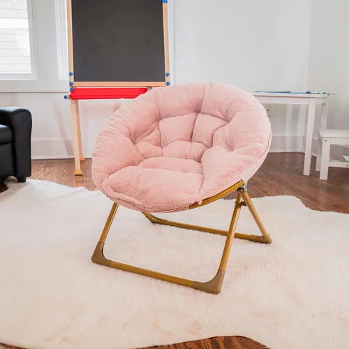 Vista 5 de Flash Furniture Silla Mini Plegable y Acogedora Gwen para Niños - Silla Lunar de Pelo Sintético Color Rosa Claro - Estructura de Metal Dorado Suave