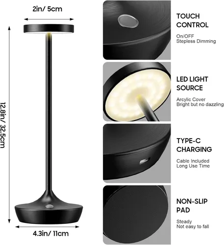 Vista 3 de Lámpara de mesa inalámbrica recargable - Luz de mesa LED operada con batería de 6000mAh - Lámparas de mesa portátiles táctiles regulables