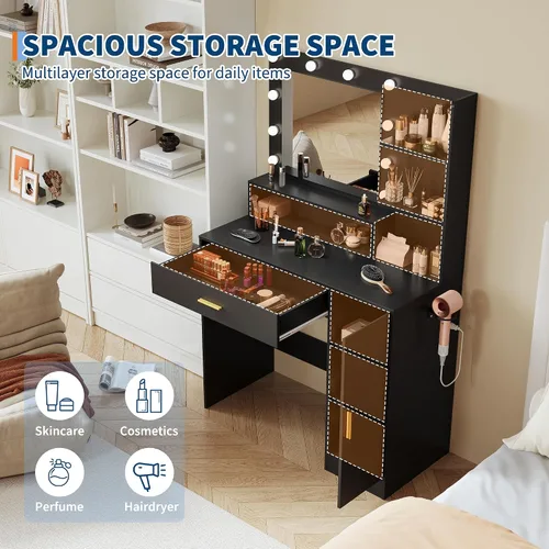 Vista 6 de GarveeHome Tocador con espejo, iluminación ajustable de tres niveles, incluye cajón, toma de corriente y taburete, tocador compacto para dormitorios