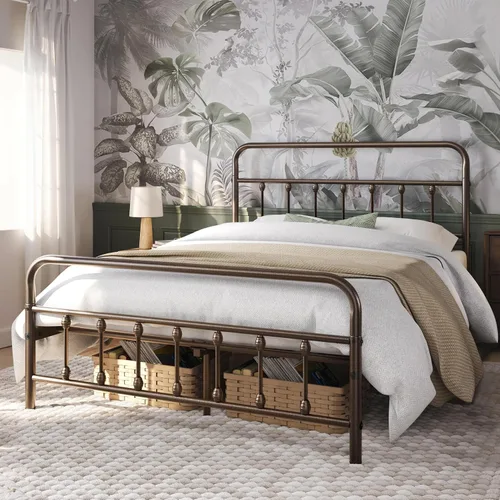 Vista 3 de Yaheetech Base de cama con plataforma de metal, cabecero y estribo Bronce