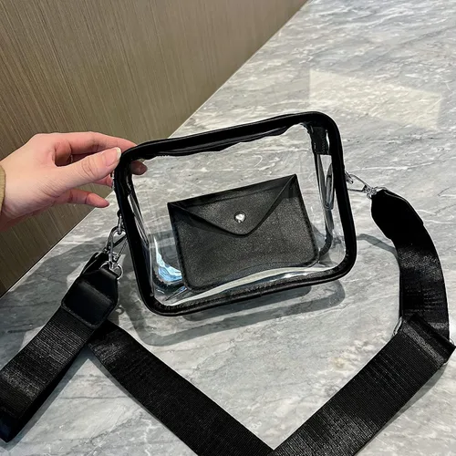 Vista 5 de Mini bolso cruzado transparente con monedero para mujer, aprobado por estadios, bolsa cuadrada de hombro Negro