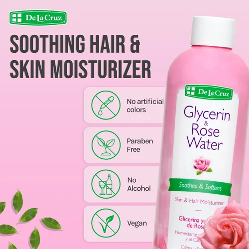 Vista 2 de De La Cruz Agua de rosas y glicerina para rostro - Tónico facial de agua de rosas e hidratante para piel y cabello, 8 fl oz (8.0 fl oz) - 3 botellas