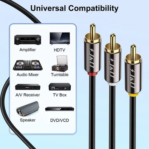 Vista 4 de J&D Cable RCA de audio y video, 3 RCA macho a macho, chapado en oro, cable AV estéreo de 3 pies, compatible con decodificador, altavoz