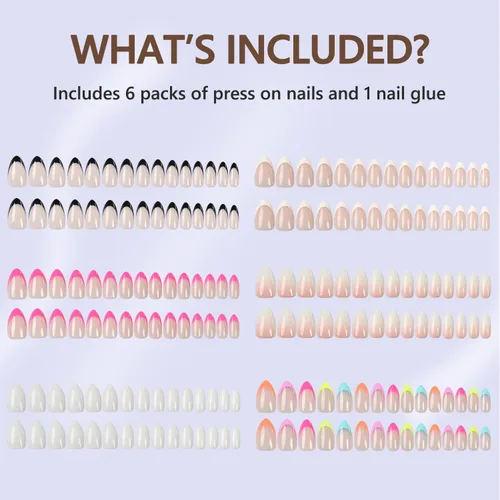 Vista 2 de 6 paquetes de uñas postizas en forma de almendra, uñas postizas de punta francesa Misssix cortas, uñas postizas reutilizables con pegamento, uñas