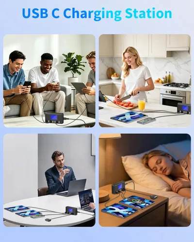 Vista 8 de Estación de carga USB de 60 W, 12 A, 8 puertos, cargador concentrador USB multipuerto, pantalla LCD de tamaño compacto, compatible con iPhone, iPad