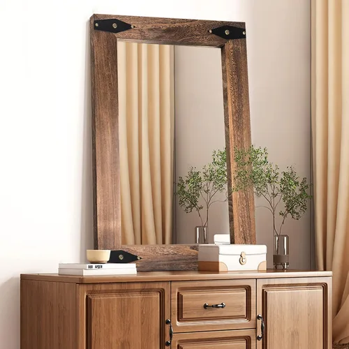 Vista 9 de blue page Espejo para pared, espejo de madera rústica con marco de madera, espejo rectangular decorativo para montar en la pared para baño