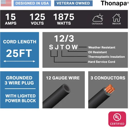 Vista 2 de THONAPA SJTOW - Cable de extensión resistente de 25 pies con 3 tomas, resistente al aceite, calibre 12, con múltiples tomas de corriente de 3 Negro