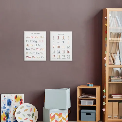 Vista 2 de HRQKO Juego de lienzo de arte de pared del alfabeto y números para guardería de 2 piezas, arte enmarcado para decoración de habitación de niños
