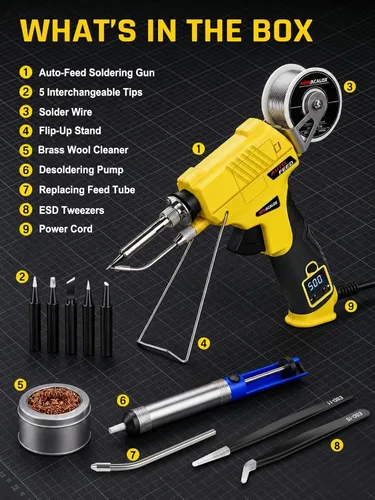 Vista 7 de NEWACALOX Soldering Iron Kit 60W Auto Feed with LCD Tem Control, 5 Tips