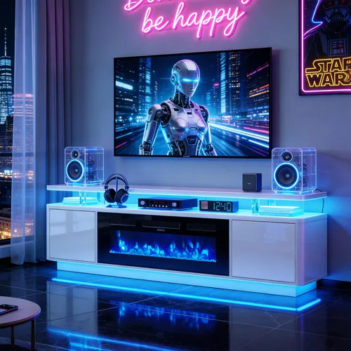 Vista 14 de oneinmil Soporte de TV con chimenea de 70 pulgadas para sala de estar, centro de entretenimiento con chimenea eléctrica con luces LED dobles