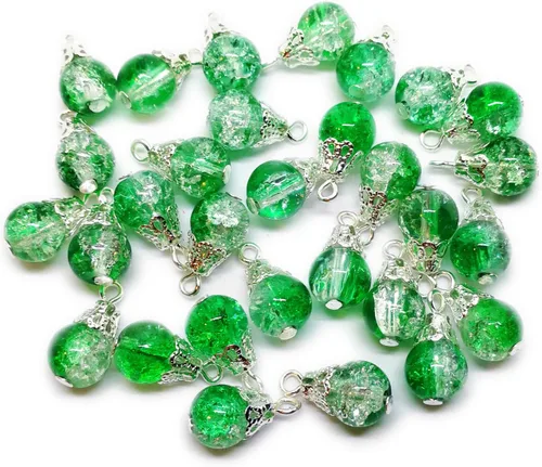 Vista 11 de 30pcs Handcrafted Crackle Glass Beads Drops w/Silver Wire & Bead Cap ~Jewelry Making~ (Army Green)