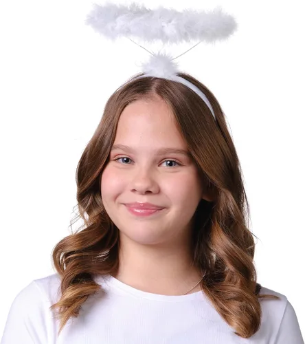 Vista 5 de Funcredible Diadema con halo de ángel blanco, halo emplumado, diadema de Halloween, accesorio de disfraz de ángel, para mujeres, hombres y niños