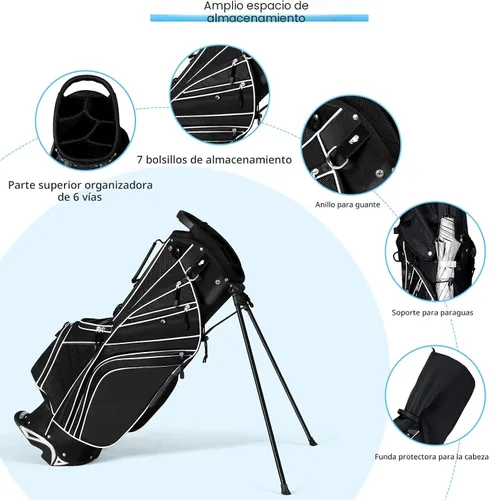 Vista 8 de Bolsa de golf Tangkula con 6 divisores superiores, bolsa de golf ligera con doble correa ajustable y 8 bolsillos, capucha impermeable para lluvia