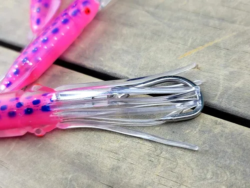 Vista 3 de Lobo Lures Cadena de calamar de cuerpo suave, color rosa y azul, caramelo de atún de 4.5 pulgadas, gran juego, pesca, margarita, señuelo de arrastre