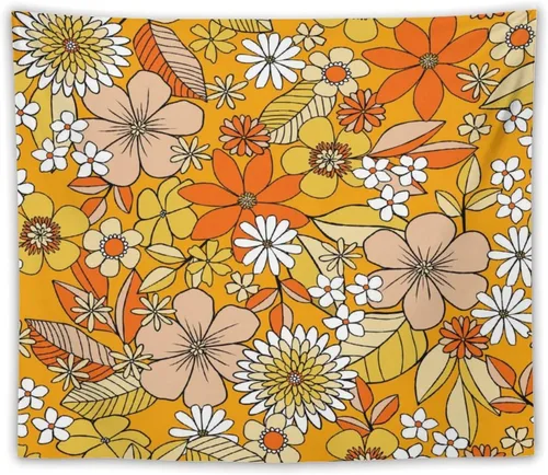Vista 21 de Houselerax Tapiz floral retro de los años 60 y 70, diseño hippie de primavera Groovy Flower Power Flower Boho para colgar en la pared, arte neutro