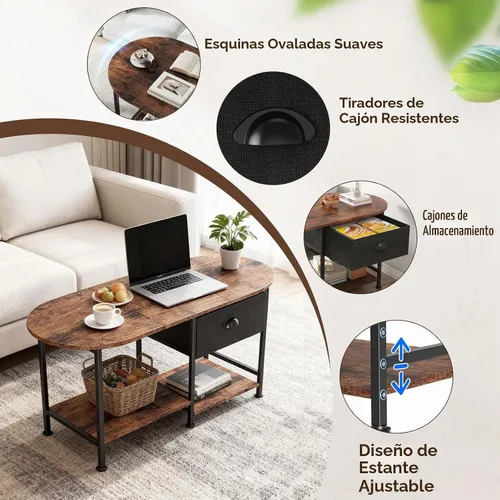 Vista 3 de Mesa de centro ovalada pequeña de 37 pulgadas con almacenamiento, mesa central de madera moderna para espacios pequeños, apartamento, oficina