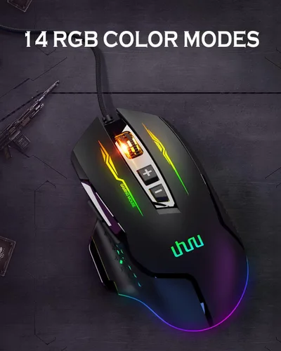 Vista 3 de UHURU WM-07L RGB Mouse con cable para computadora con 7 botones programables, 14 modos de retroiluminación de hasta 12800 DPI para jugadores