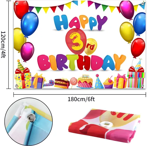 Vista 2 de HAMIGAR Fondo de pancarta de feliz cumpleaños de 6 x 4 pies, decoraciones de cumpleaños de 3 años, suministros de fiesta para niñas y niños, colorido