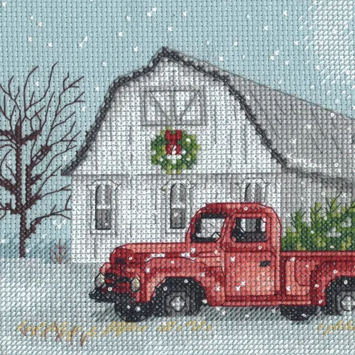 Vista 4 de Dimensions 70-08998 Kit de punto de cruz navideño de granja de invierno, 45.72 x 15.24 cm, 14 unidades de aida azul, 5 piezas 14 unidades Azul Aida