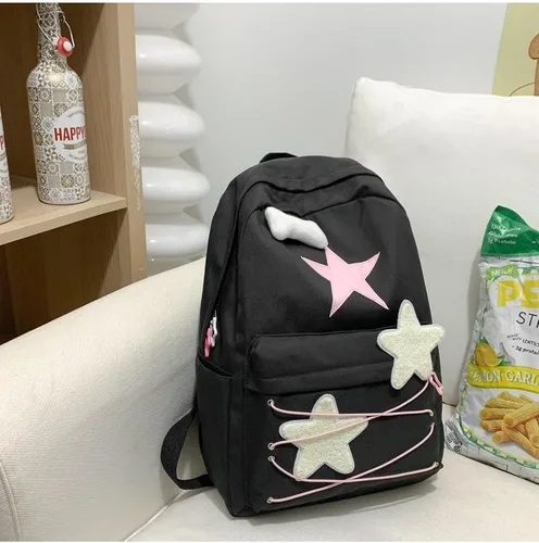 Vista 6 de Linda mochila Y2K de uso diario, estilo kawaii estético, Harajuku, duradera, bolsa de hombro, mochila de viaje para senderismo, Negro -, Mochilas