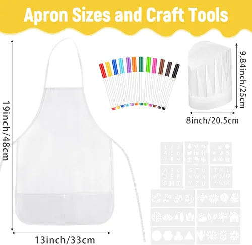 Vista 5 de DIY Kids Chef Hat and Apron Set Kids Painting Delantales con bolígrafo de colores y plantillas de manualidades para hornear pintura Artesanía, Blanco