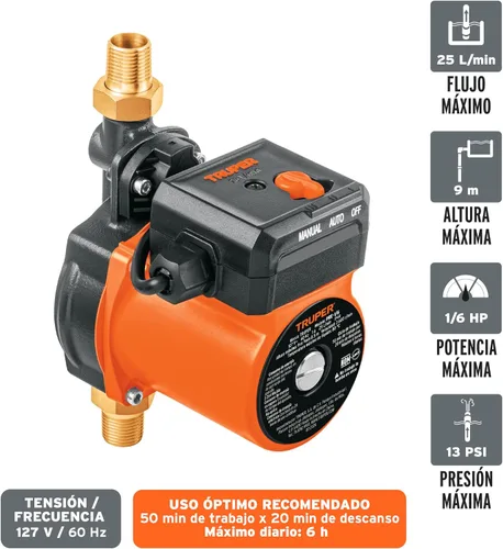 Vista 2 de Truper Bomba Presurizadora de 1/6 HP, Negra, Industrial, Plástica, Caudal de 25 L/min, Altura Máxima de 9 m