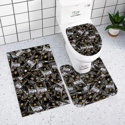 Vista 10 de GUBIYU Juego de alfombras de baño de 100 dólares, color negro y dorado, juego de alfombras de baño con dinero, tapete de baño antideslizante