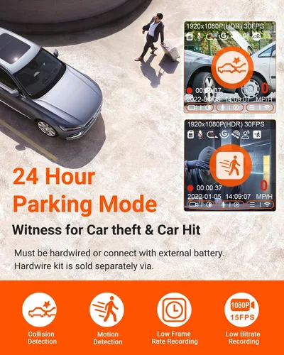 Vista 5 de VANTRUE E1 Lite - Cámara de tablero para vehículo, WiFi, GPS, 1080P, control de voz, visión nocturna, modo de estacionamiento de 24 horas, detección