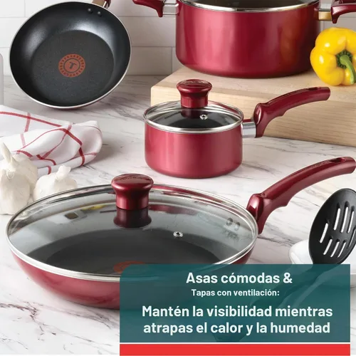 Vista 5 de T-fal Essentials - Juego de ollas y sartenes antiadherentes, 10 piezas, color rojo