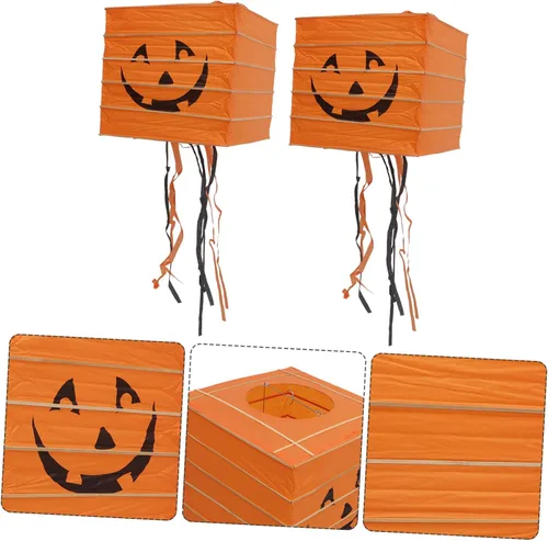 Vista 6 de ABOOFAN 2 linternas de calabaza de papel, luces LED, faroles de Halloween, decoraciones fáciles de colgar para ambiente de fiesta