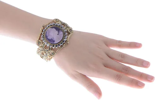 Vista 5 de Alilang Pulsera de mujer con camafeo victoriano morado antiguo en tono dorado antiguo