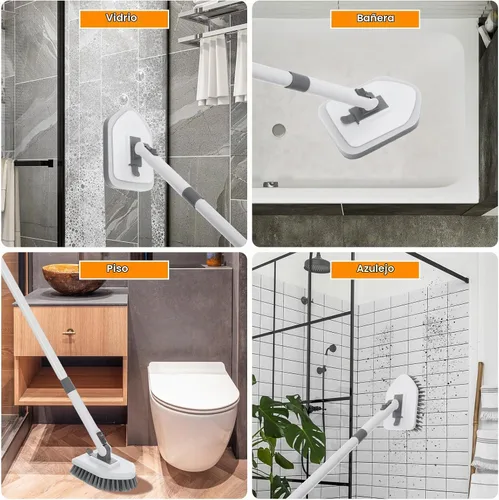 Vista 6 de Cepillo de limpieza 4 en 1, cepillo de limpieza para bañera y azulejos con mango largo, cepillo de lechada, cerdas rígidas, esponja para fregar