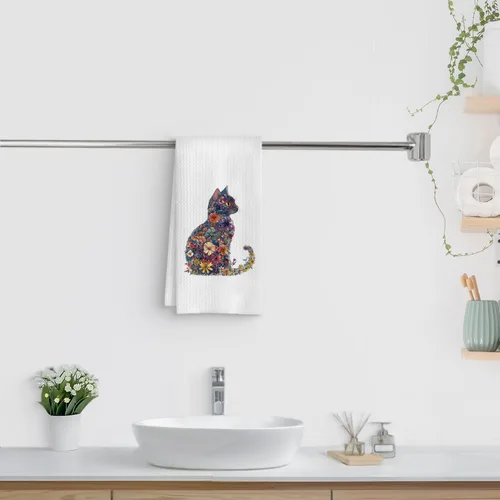 Vista 3 de Toalla de cocina con gato floral, toalla de mano con gato floral para decoración de baño, toalla de té para platos de cocina con gatito