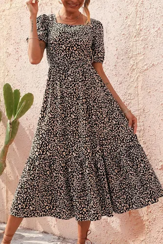 Vista 3 de PRETTYGARDEN Vestido bohemio para mujer, con lazo en la espalda, cuello cuadrado, manga abombada, dobladillo con volantes, maxi vestidos de verano