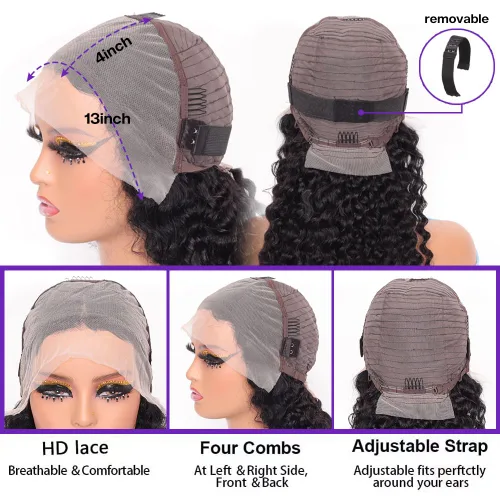 Vista 4 de Pelucas de cabello humano rizado marrón chocolate con encaje frontal, prearrancadas de 13 x 4 pulgadas, pelucas de encaje frontal HD de onda