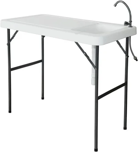 Vista 10 de Mesa de limpieza de peces plegable portátil con 2 fregaderos y rociadores, estación de fregadero al aire libre con manguera y rejilla y ranura