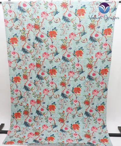 Vista 4 de Colcha Kantha de algodón puro hecho a mano con bloques indios y florales, tamaño individual/queen, colcha bohemia Kantha (verde claro, Queen)