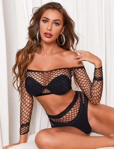 Vista 3 de HiSexy Conjunto de lencería de malla para mujer, hombros descubiertos, camiseta corta, sexy, cintura alta, malla de manga larga, traje de babydoll