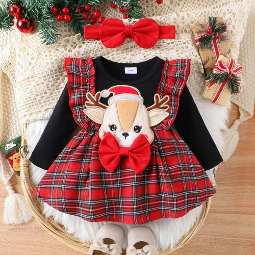Vista 5 de Vestido de Navidad para niña pequeña, vestido de Acción de Gracias, vestido de retazos con volantes, vestido de manga larga para bebé