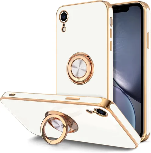 Vista 11 de Hython Funda para iPhone XR con soporte de anillo [soporte de anillo giratorio de 360° con soporte magnético] chapado en oro rosa brillante borde