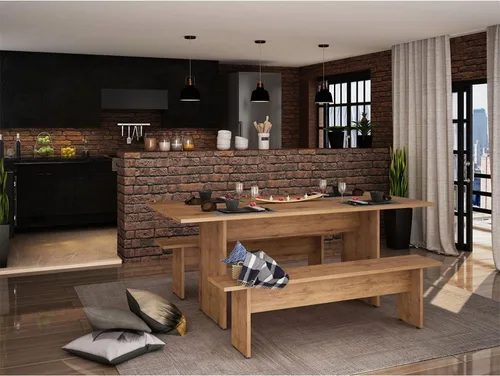 Vista 2 de Manhattan Comfort Nomad - Juego de comedor de 3 piezas para 6 personas con mesa de cocina moderna y 2 bancos, muebles de granja con acabado de grano